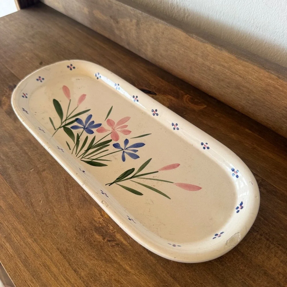 Vintage Hand Painted Floral Ceramic Tray Oval Folk Art Decorative Platter Cream